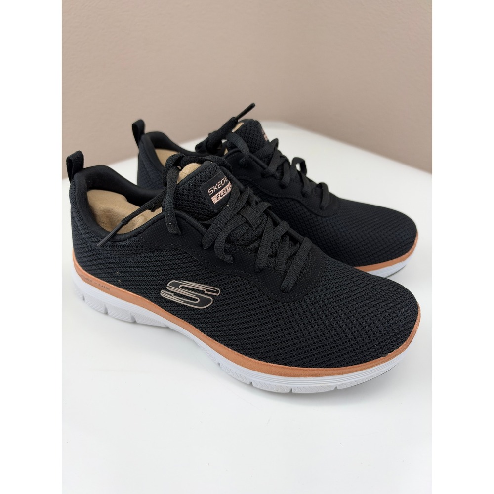 Skechers Flex-Lite Women 6.5 Black Rose Gold Mesh Sneakers 149303 BKRG